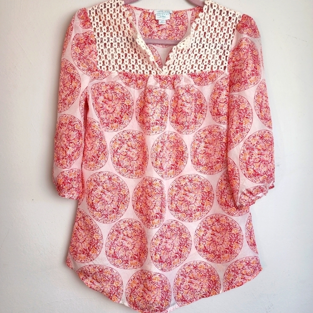 Calypso St. Barth 100% Silk Quarter Sleeve Lace Medallion Paisley Blouse Size XS